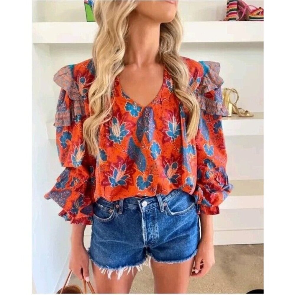 Bindu Sabrina Floral Cotton Ruffle Balloon Long Sleeves Blouse Top Shirt XS Boho